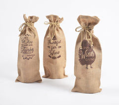 Typographic Drawstring Jute Wine Bags (Set of 3)
