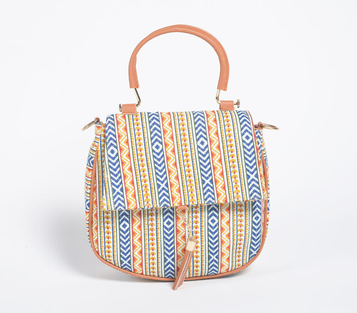 Panel Printed Handbag with Tassel