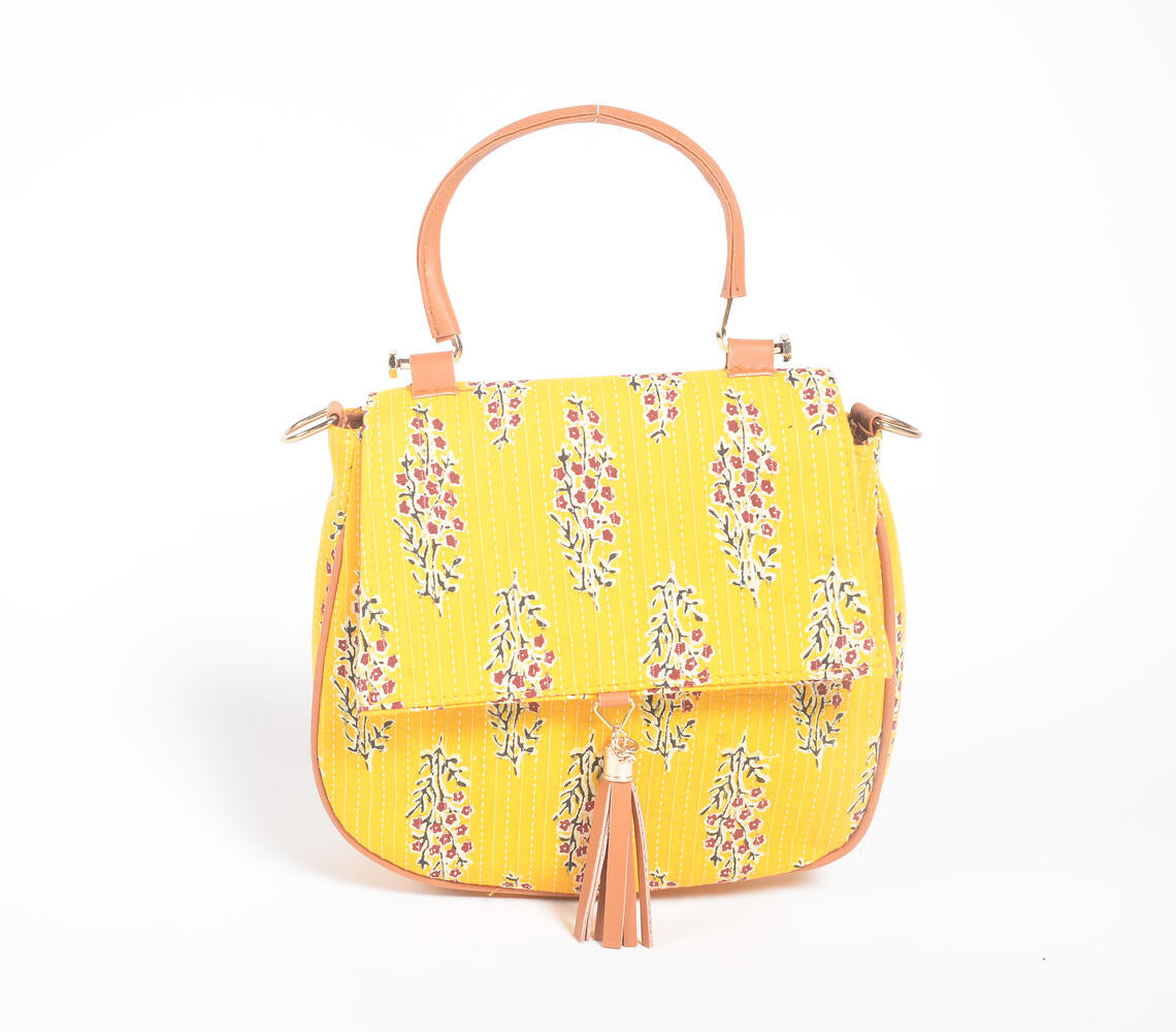 Printed Yellow Floral Handbag with Tassel
