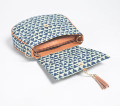 Indigo Triangle Printed Handbag with Tassel