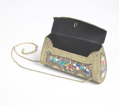 Mosaic Antique Golden-Toned Metal Clutch with Chain Sling