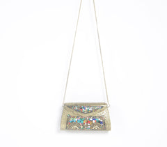 Mosaic Antique Golden-Toned Metal Clutch with Chain Sling