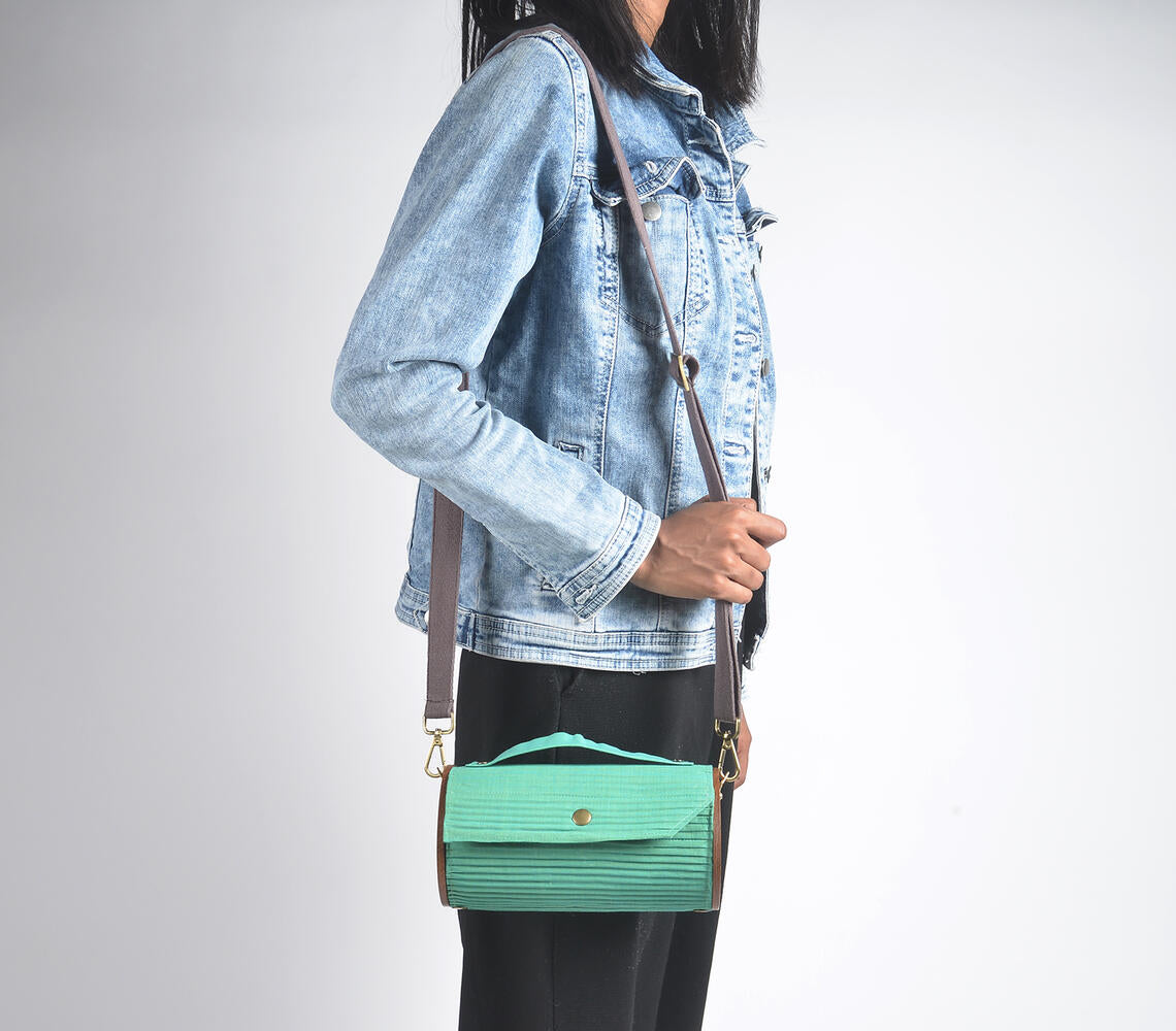 Upcycled DIY Aquamarine Cylindrical Sling Clutch with Adjustable Strap