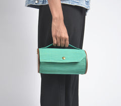 Upcycled DIY Aquamarine Cylindrical Sling Clutch with Adjustable Strap