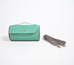 Upcycled DIY Aquamarine Cylindrical Sling Clutch with Adjustable Strap