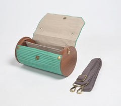 Upcycled DIY Aquamarine Cylindrical Sling Clutch with Adjustable Strap