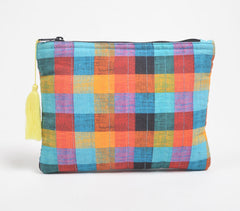 Stripe-Quilted Madras Checks Pouch