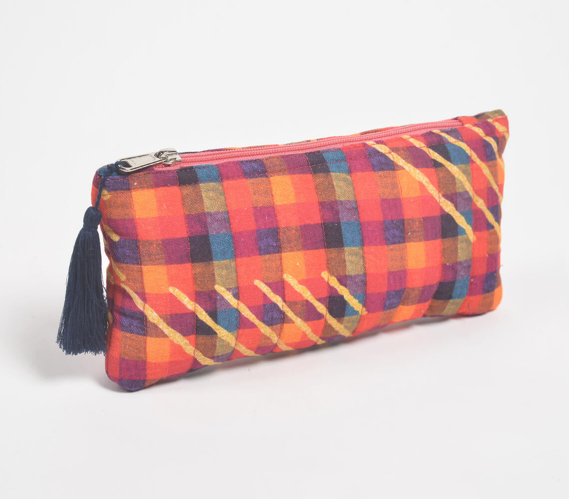 Stripe-Quilted Check Pouch
