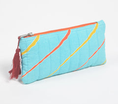 Stripe-Quilted Cyan Abstract Pouch