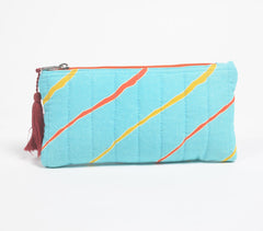 Stripe-Quilted Cyan Abstract Pouch