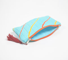 Stripe-Quilted Cyan Abstract Pouch