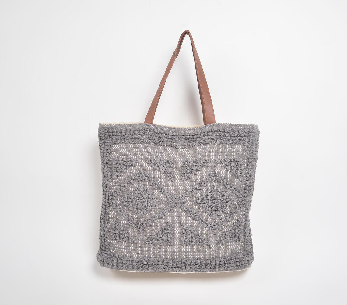 Smokey Tufted Cotton Tote Bag with Faux leather handles