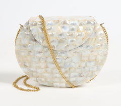 Mosaic Mother-of-Pearl Half-Moon Clutch with sling