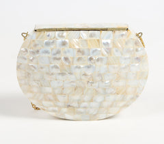 Mosaic Mother-of-Pearl Half-Moon Clutch with sling