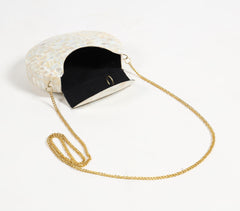 Mosaic Mother-of-Pearl Half-Moon Clutch with sling