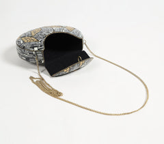Mosaic Monotone Metallic Half-Moon Clutch with sling