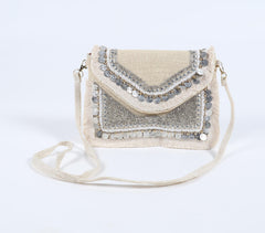 Metallic Embellished & Fringed Jute Sling Bag