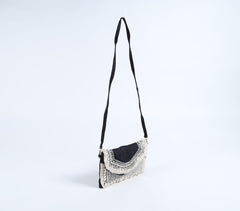 Metallic Embellished & Fringed Black Jute Sling Bag