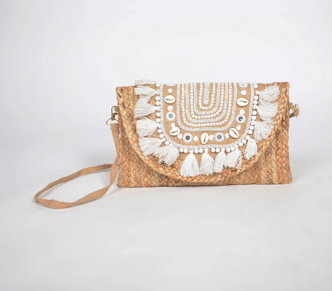Tassel Embellished & Braided Jute Sling Bag
