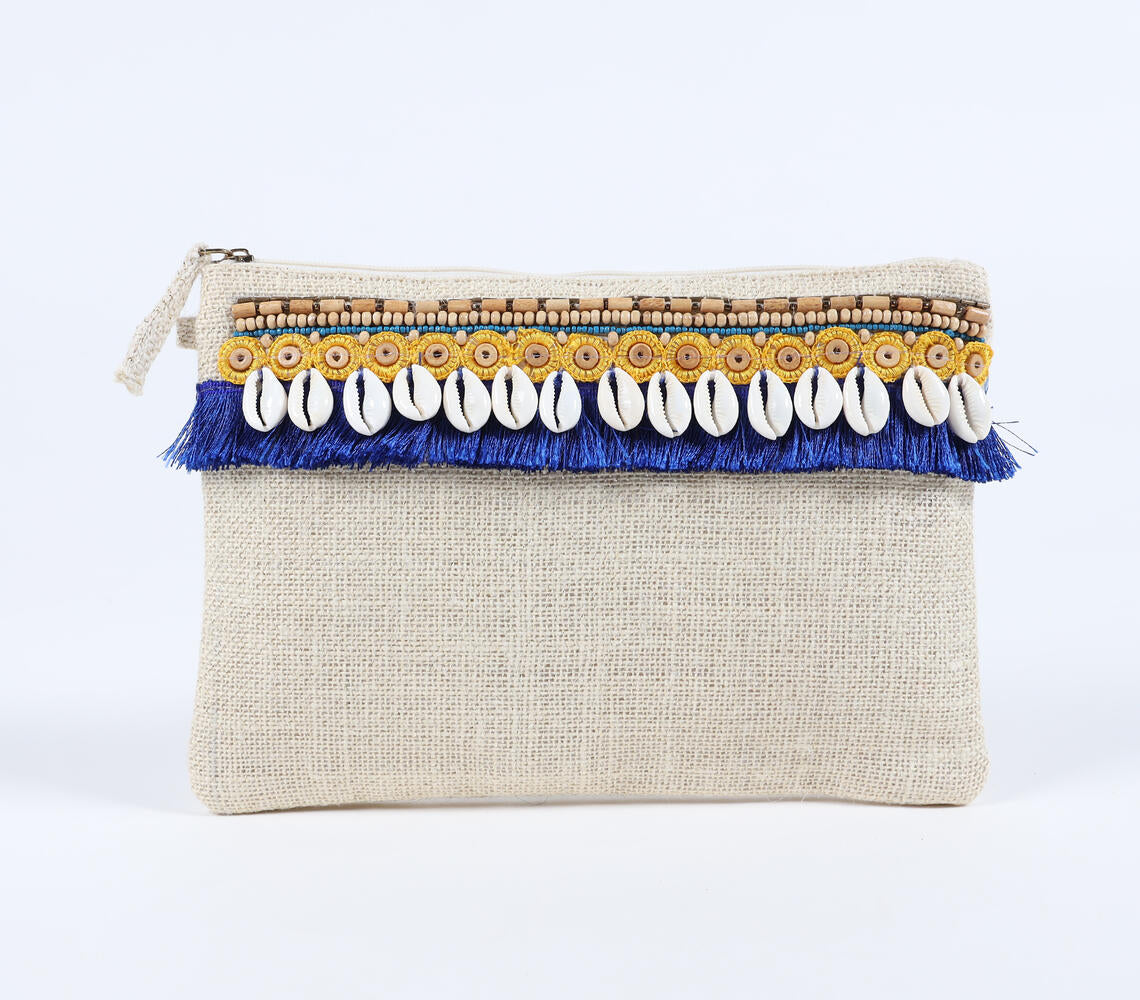 Beads & Fringes Embellished Jute Pouch