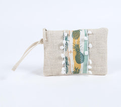 Pompom-lined Tropical Jute Wristlet