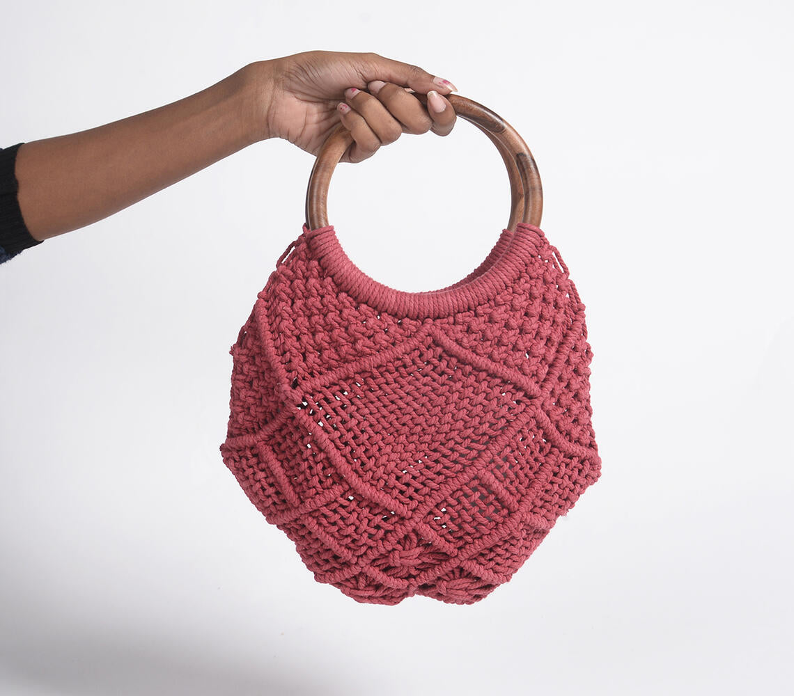 Macrame Red Handbag with Wooden handles