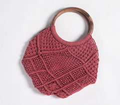 Macrame Red Handbag with Wooden handles