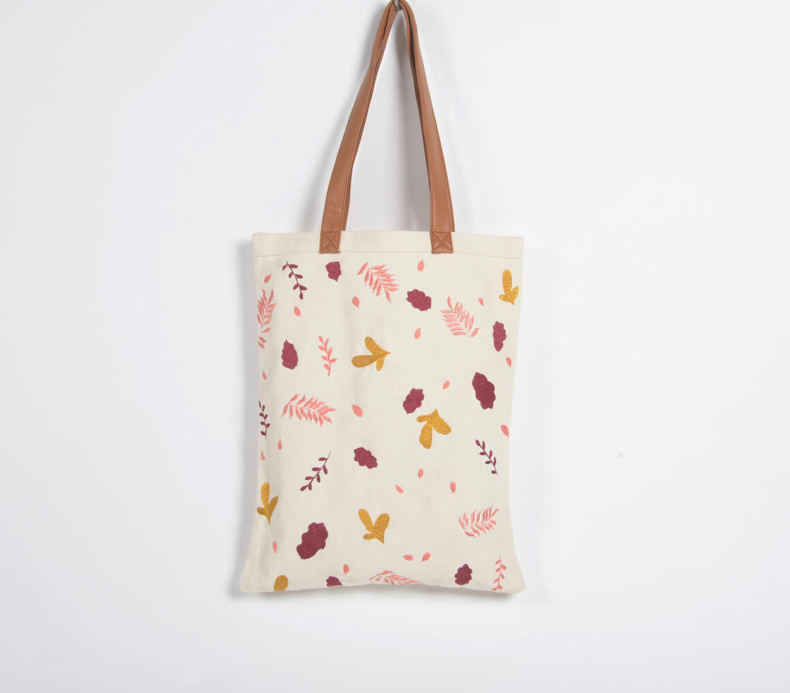 Autumn Leaves Embroidered Cotton Tote Bag