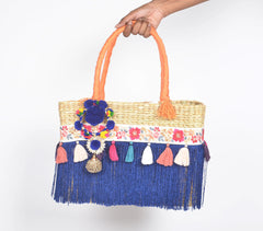 Tasseled Basket Woven Cane Indigo Handbag