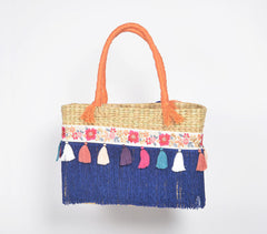 Tasseled Basket Woven Cane Indigo Handbag