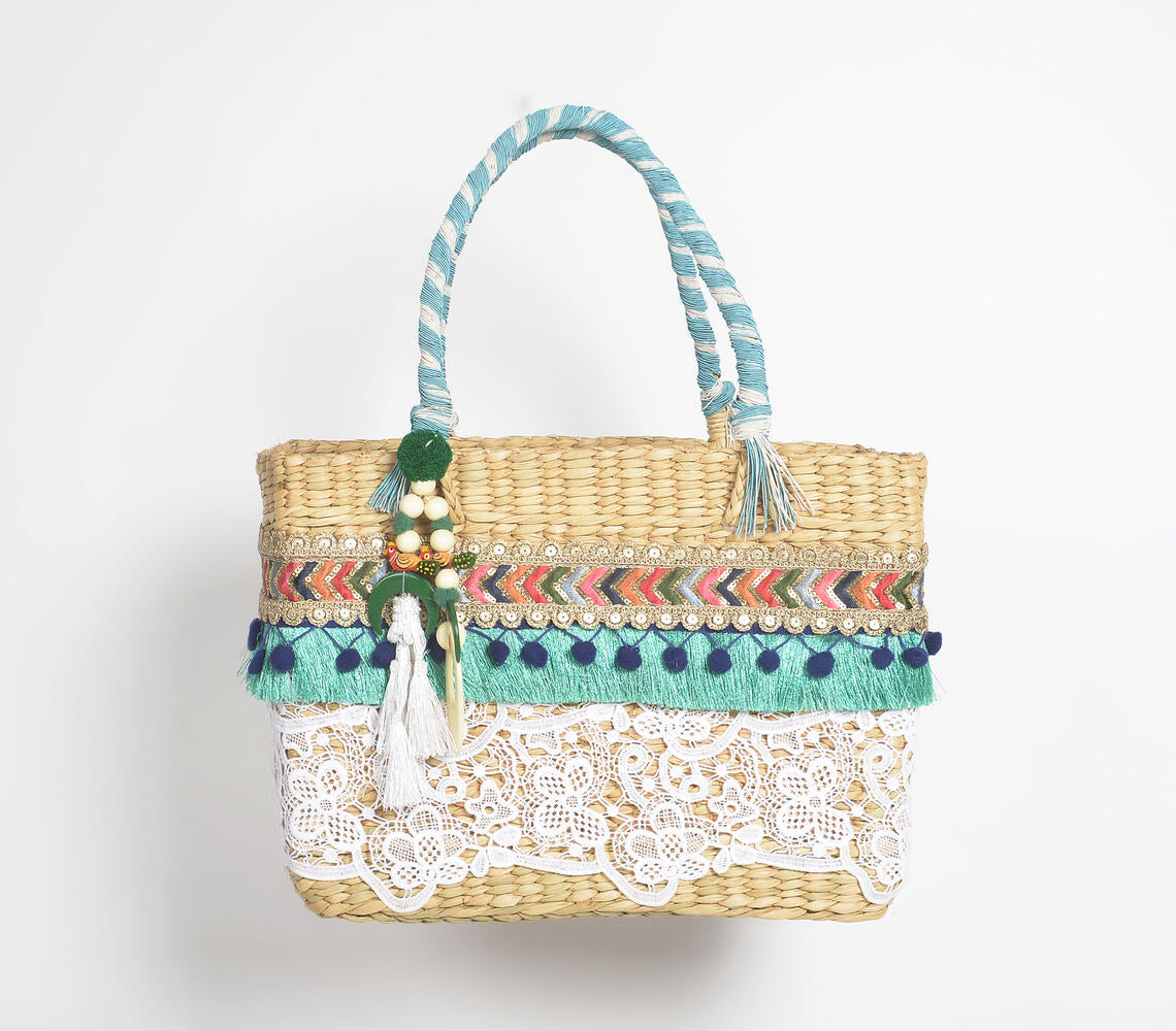 Lace Work Basket Woven Cane Turquoise Handbag
