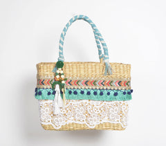 Lace Work Basket Woven Cane Turquoise Handbag