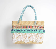 Lace Work Basket Woven Cane Turquoise Handbag
