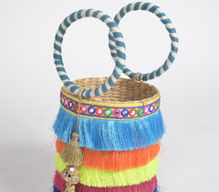 Rainbow Fringed Basket Woven Cane Bucket Bag