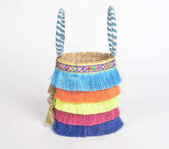 Rainbow Fringed Basket Woven Cane Bucket Bag