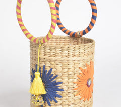 Floral Detailed Basket Woven Cane Bucket Bag