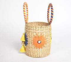 Floral Detailed Basket Woven Cane Bucket Bag