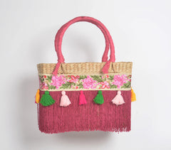 Fuschia Fringed Basket Woven Cane Tasseled Handbag