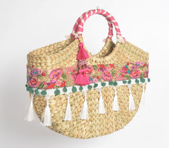 Floral Basket Woven Cane Moon Handbag