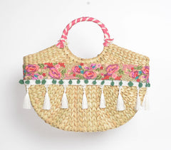 Floral Basket Woven Cane Moon Handbag
