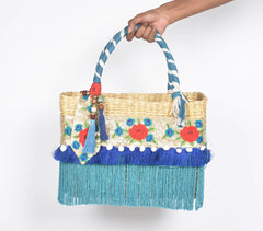 Fringed Floral Basket Woven Cane Turquoise Handbag