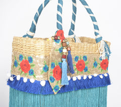 Fringed Floral Basket Woven Cane Turquoise Handbag