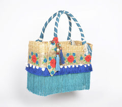 Fringed Floral Basket Woven Cane Turquoise Handbag