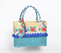 Fringed Floral Basket Woven Cane Turquoise Handbag