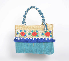 Fringed Floral Basket Woven Cane Turquoise Handbag