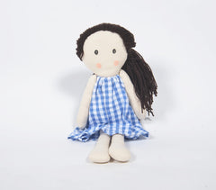 Handmade black-haired plush rag doll