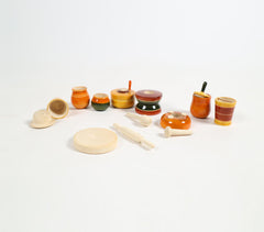 Turned & Lacquered Acacia Wood Toy Cooking Set for Kids