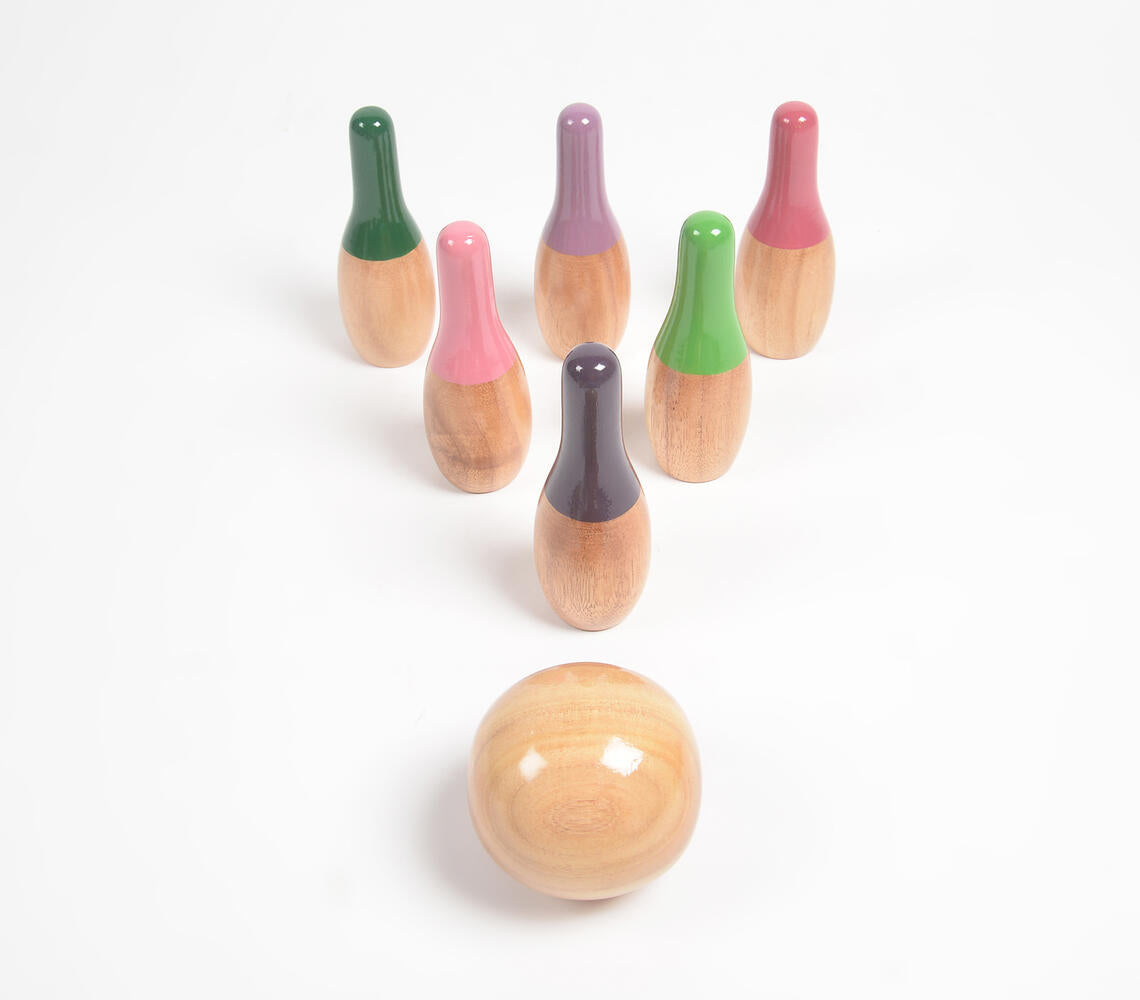 Turned Mango Wood Mini Bowling Pins Set for Kids