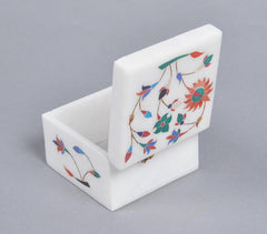 Inlaid Semi-Precious Stone & Marble Square Jewelry Box