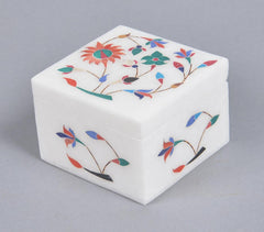 Inlaid Semi-Precious Stone & Marble Square Jewelry Box